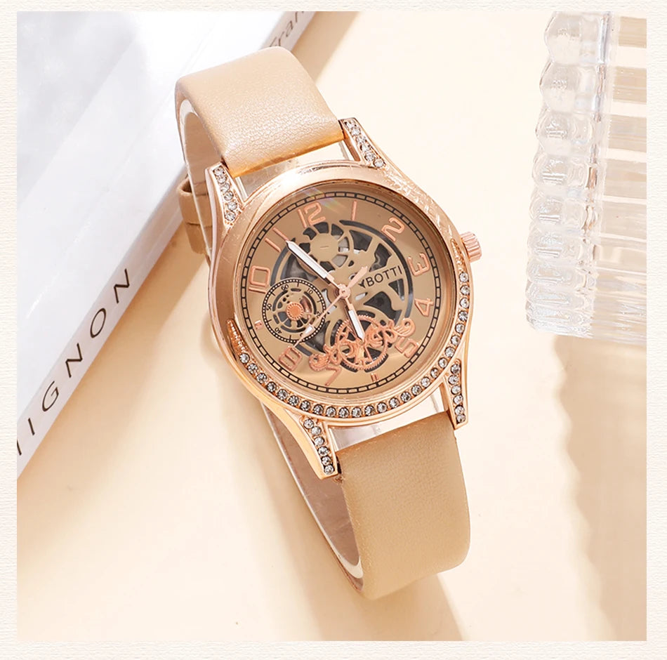 Fashion Watch Casual Khaki Leather Belt Rhinestone Quartz Wristwatches Bracelet