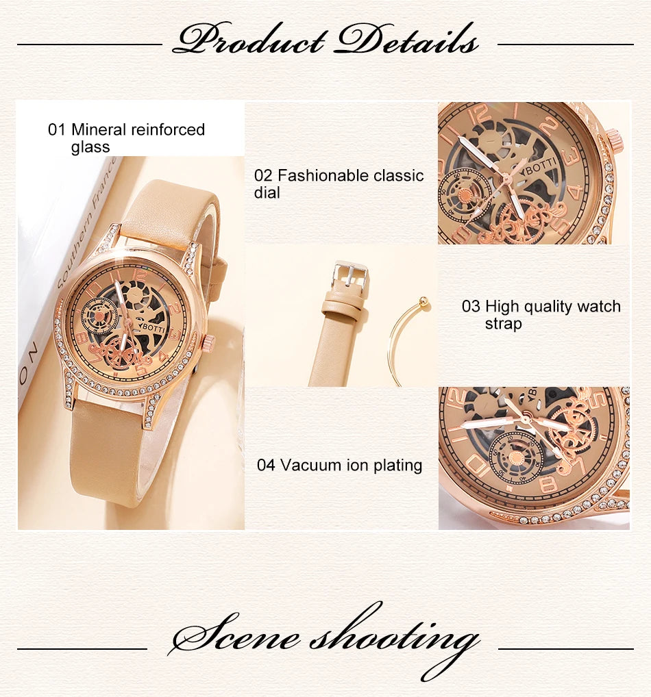 Fashion Watch Casual Khaki Leather Belt Rhinestone Quartz Wristwatches Bracelet