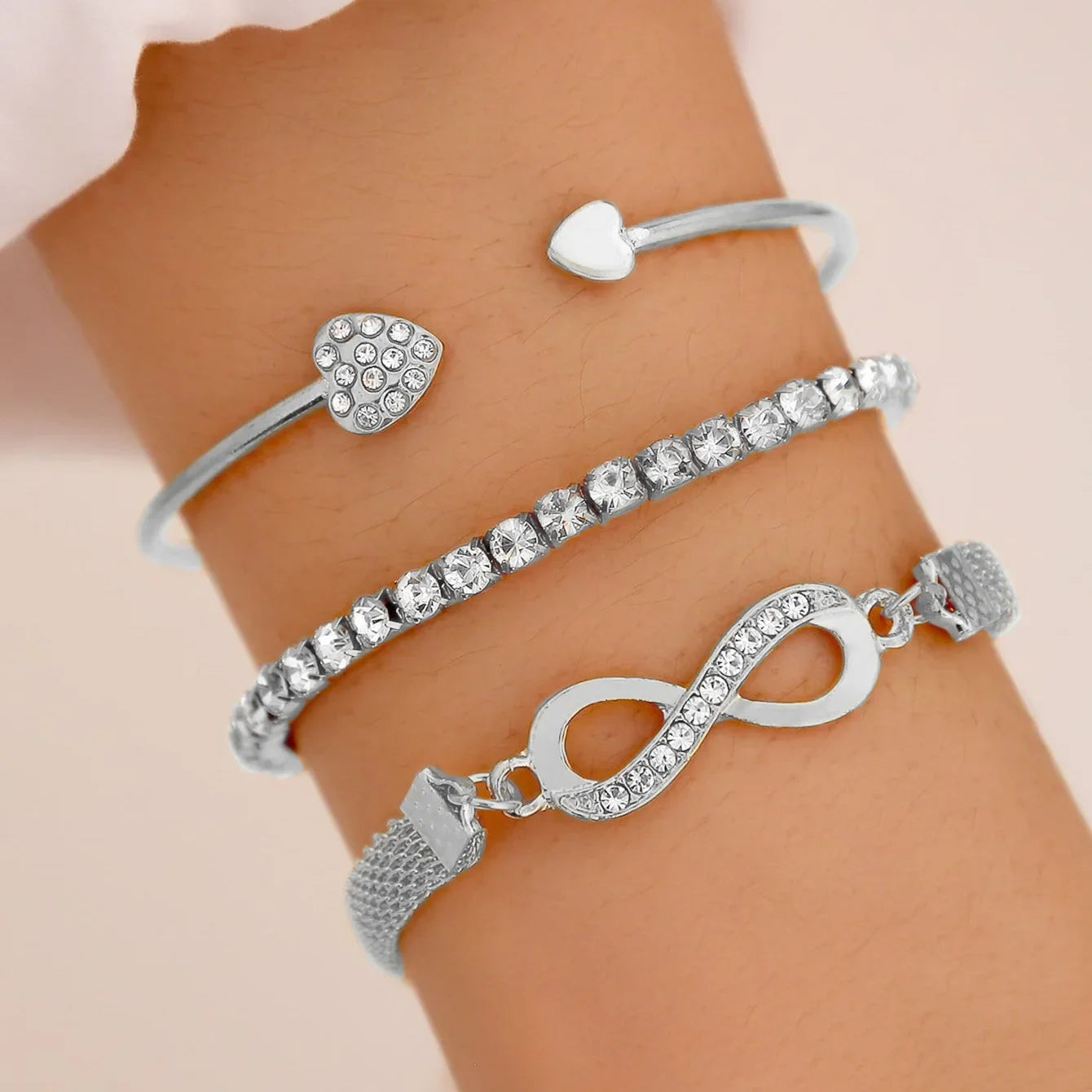 Open Chain Link Bracelet Set Fashion Crystal Tennis Chain Bangle Trend Jewelry Accessories