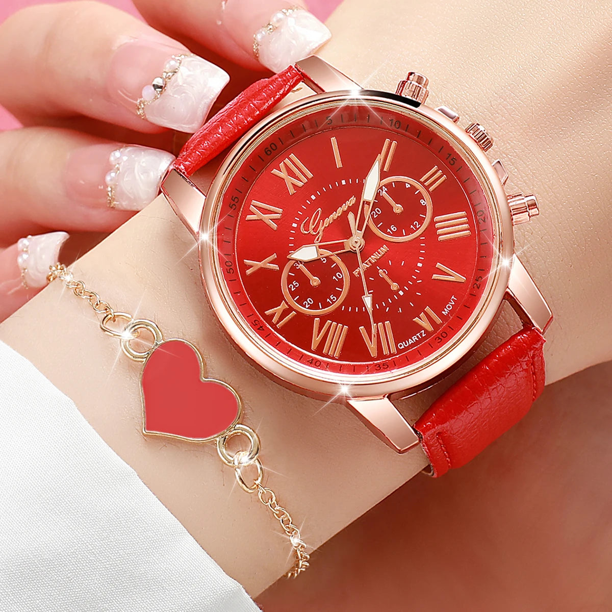 Fashion Simple Roma Dial Quartz Wristwatch PU Leather Band Heart Bracelets Set