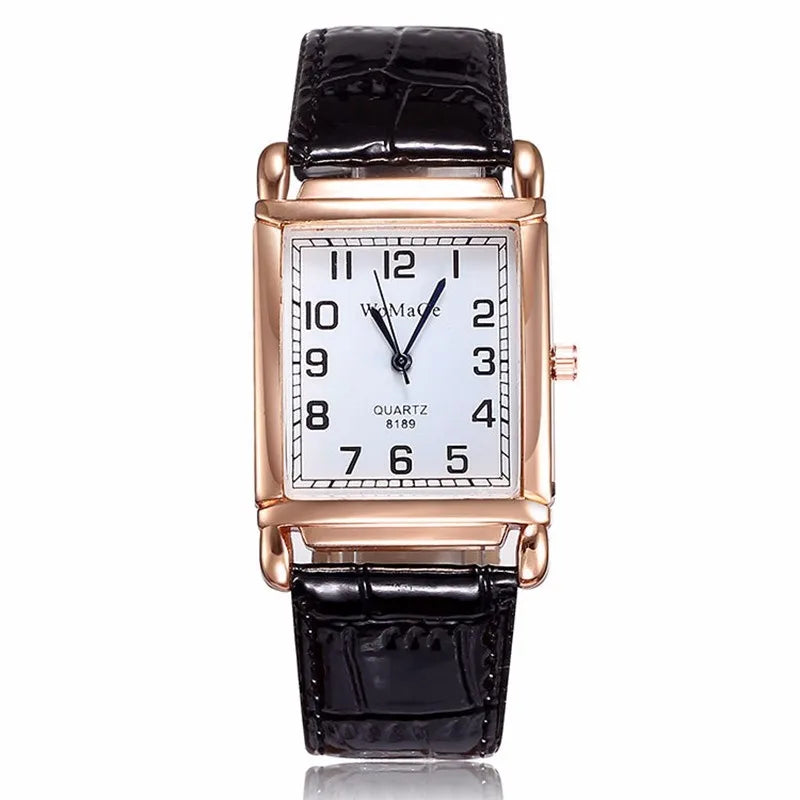 Luxury Rectangle Metal Case Quartz Wristwatch Leather Belt Casual Fashion Watch