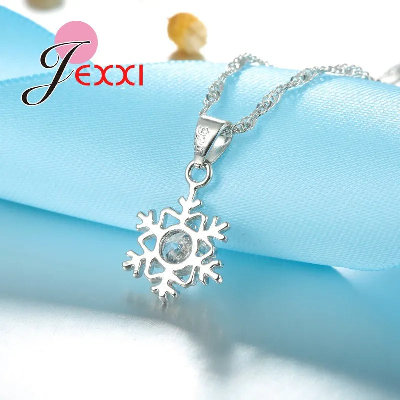 Snowflake Exquisite Design With White Cubic Zirconia 925 Sterling Silver  Necklace Earrings Jewelry Set For Women/Girls