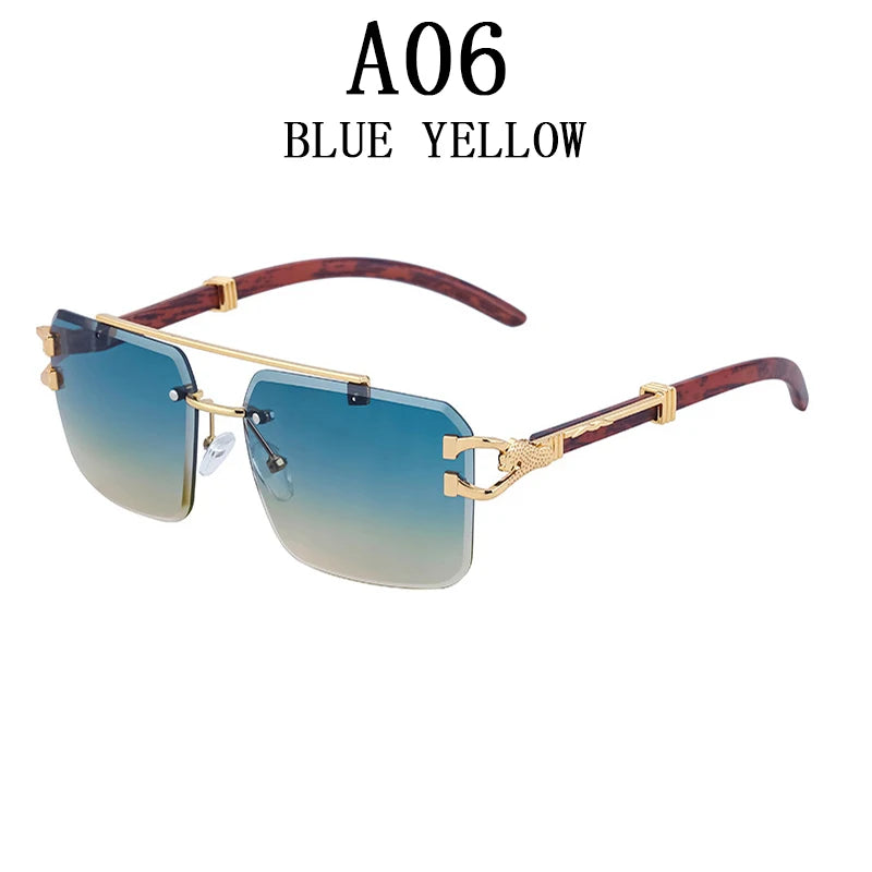 Vintage Fashion Wooden Frame Square Rimless Sunglasses UV400 Eyewear