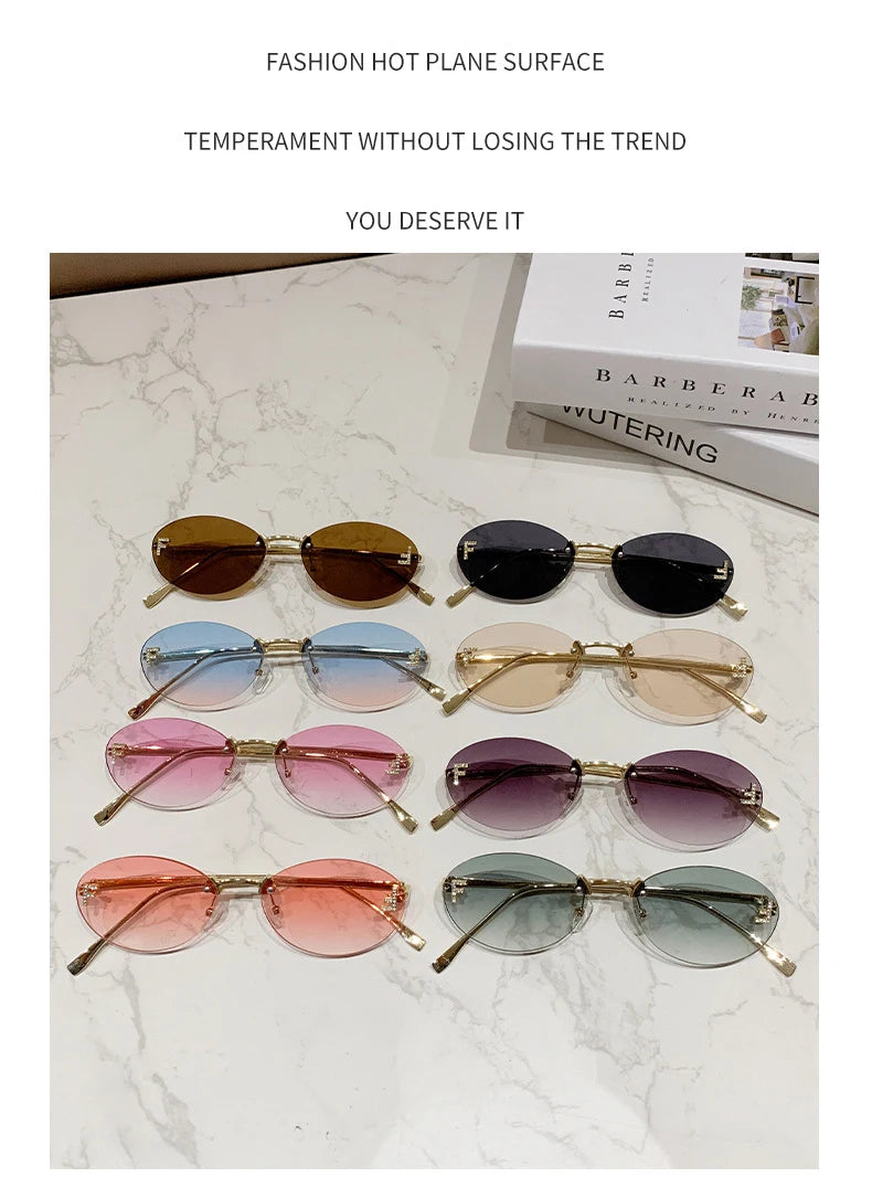 Elegant Diamond Oval Fashion Sunglasses Letter "F" Rimless Trendy Eyewear