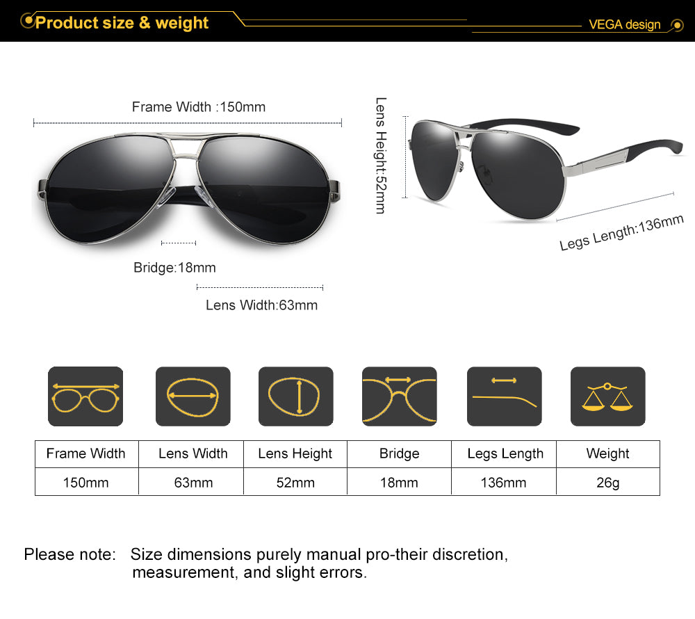 VEGA Eyewear Black Pilot Sunglasses Men Polarized With Box Polycarbonate Pilot Sun Glasses Men Aviation Sunglasses 2018 VG12