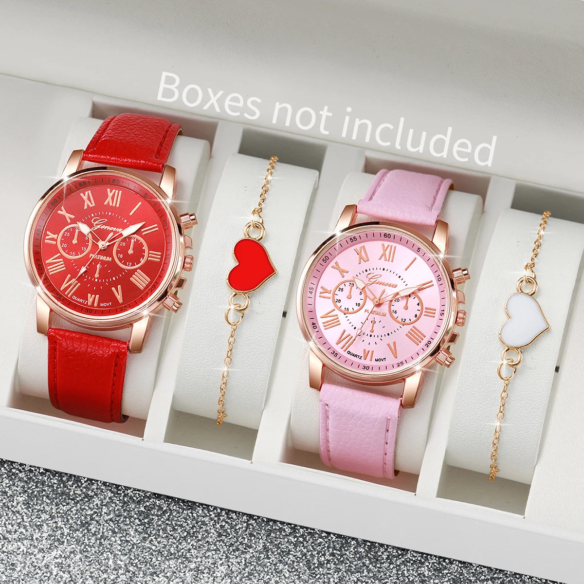 Fashion Simple Roma Dial Quartz Wristwatch PU Leather Band Heart Bracelets Set