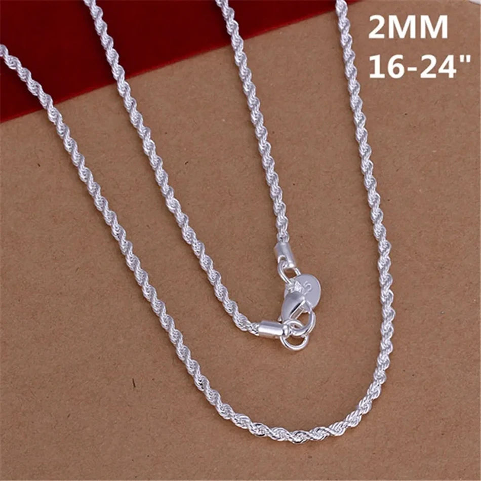 Classic Elegant 2mm Rope Necklace Beautiful Fashion 925 Silver Chain Pendant