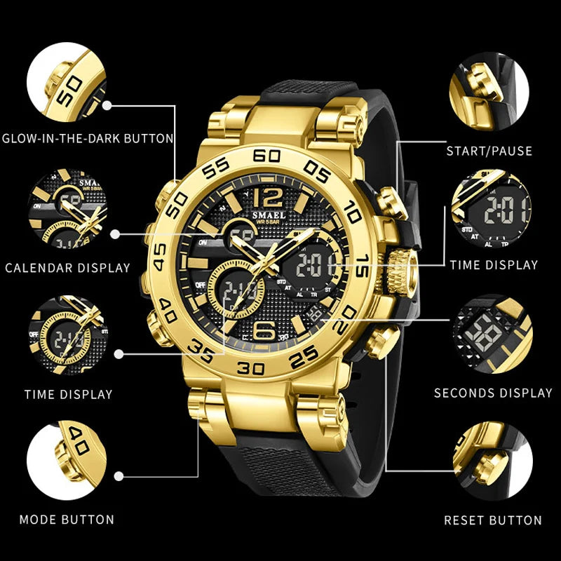 SMAEL Colorful Alloy Case Men's Outdoor Sports Multifunctional Watch Digital Waterproof Night Glow Wristwatches Men Stopwatch