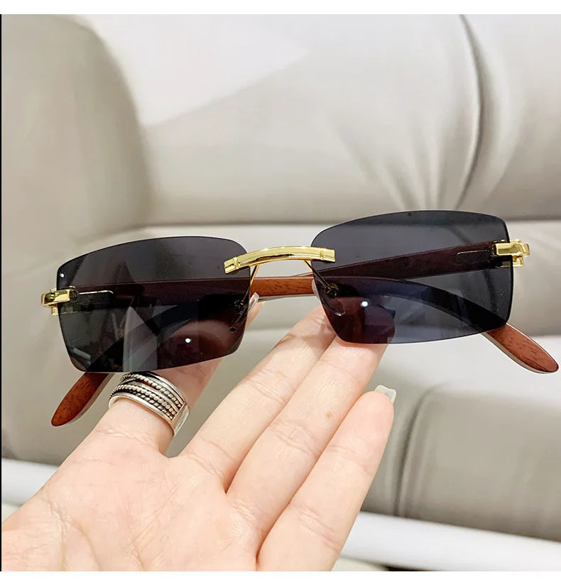 Fashion Sunglasses Frameless Imitation Wood Grain Mirror Leg Sunglasses