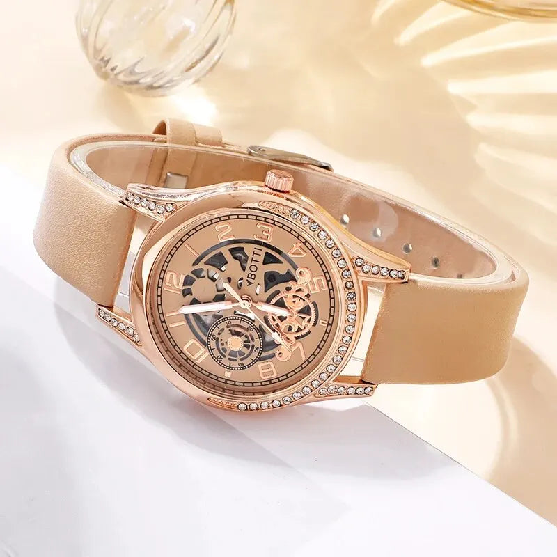 Fashion Watch Casual Khaki Leather Belt Rhinestone Quartz Wristwatches Bracelet