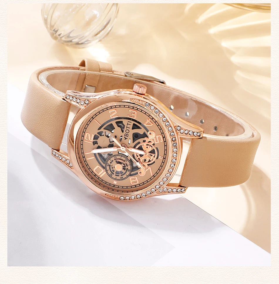 Fashion Watch Casual Khaki Leather Belt Rhinestone Quartz Wristwatches Bracelet