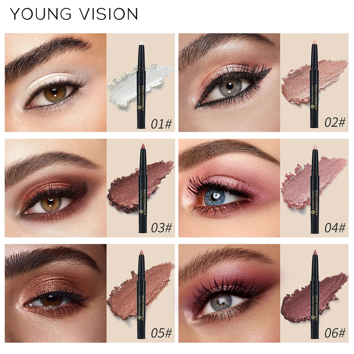 YOUNG VISION 12 Color Eyeshadow Stick Waterproof Long-lasting Pearl Shimmer cream formula easy to color fine and smooth