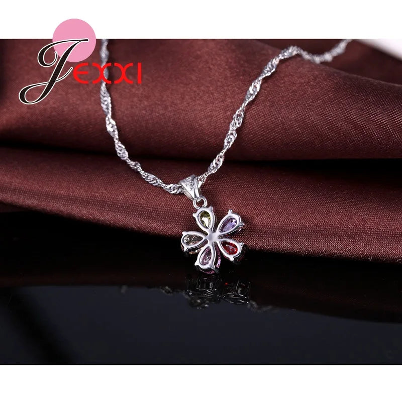 Flower Shape Necklace Earrings Ring Jewelry Set Crystal 925 Silver Fine Jewelry