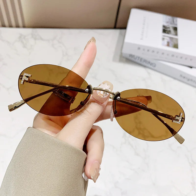 Elegant Diamond Oval Fashion Sunglasses Letter "F" Rimless Trendy Eyewear