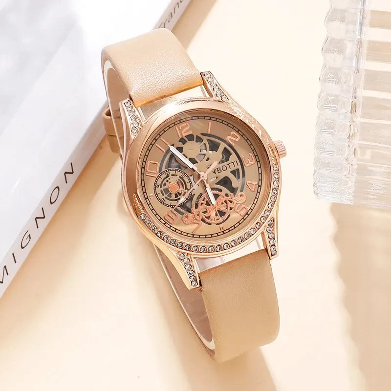 Fashion Watch Casual Khaki Leather Belt Rhinestone Quartz Wristwatches Bracelet