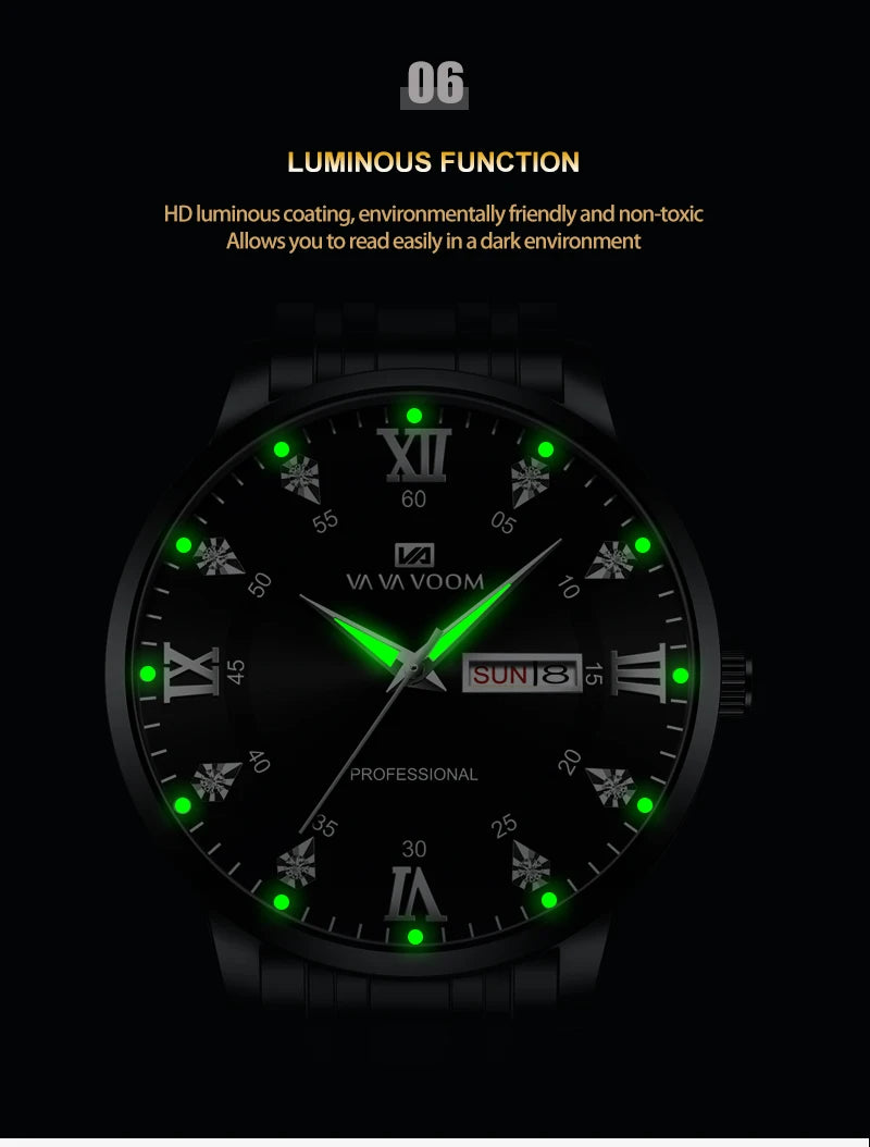 Push Button Hidden Clasp Waterproof Luminous Date Week Sports Wristwatch