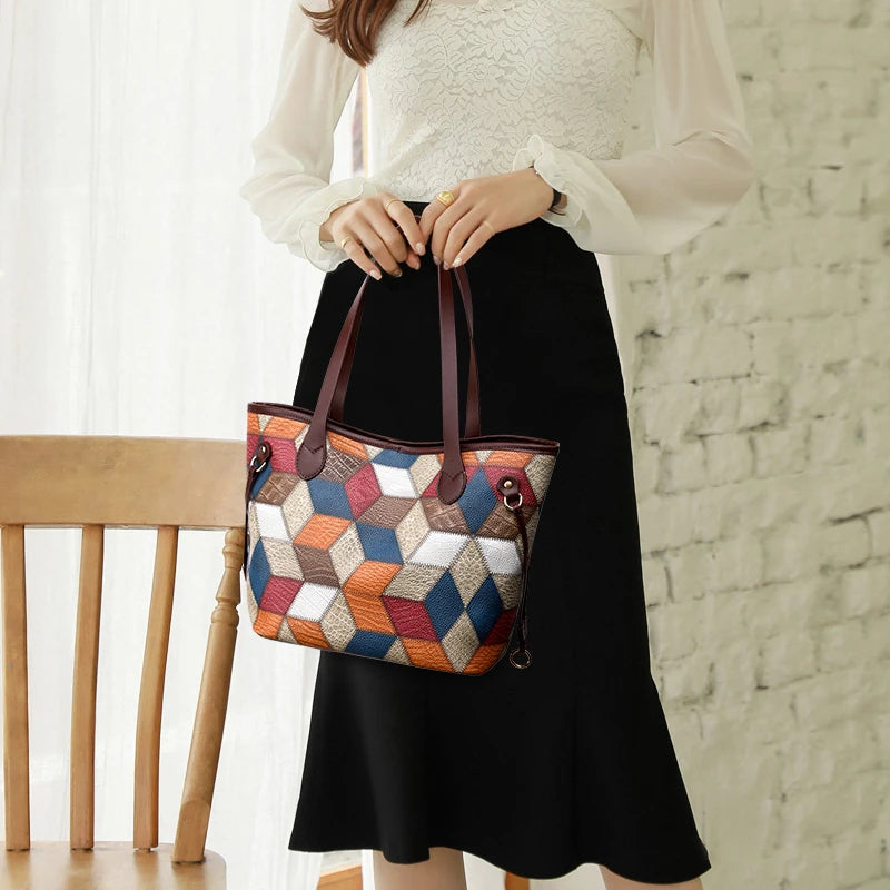 Splicing Large Bag High-end Soft Leather Shoulder Handbag Casual Tote