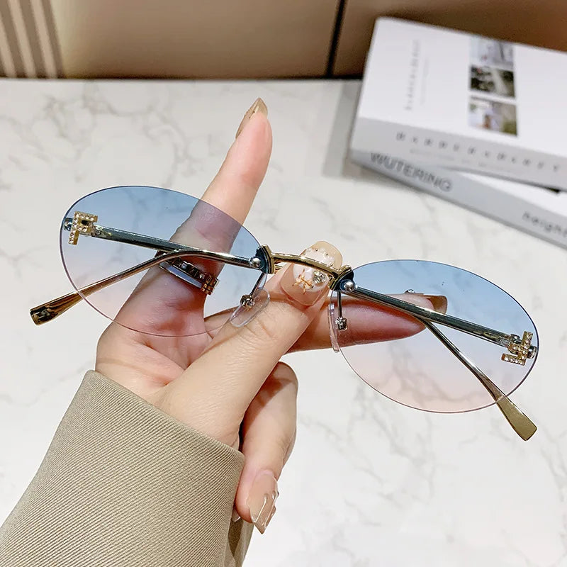 Elegant Diamond Oval Fashion Sunglasses Letter "F" Rimless Trendy Eyewear