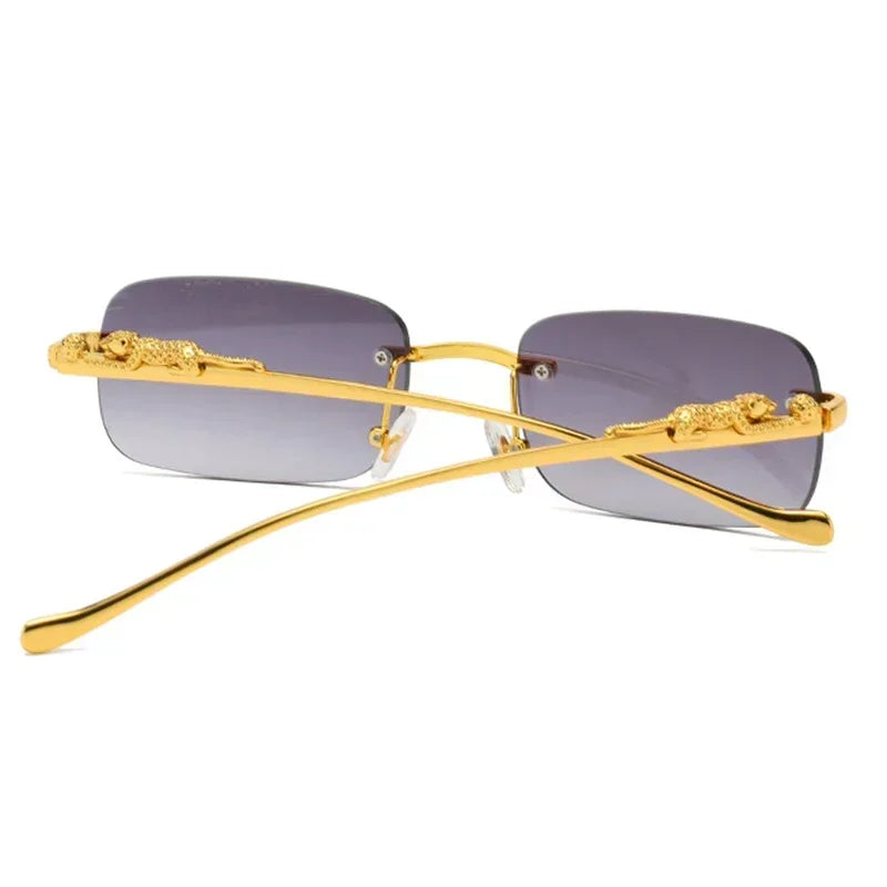 Rimless Rectangle Vintage Metal Leopard Head Sunglasses Frameless Tinted Shades