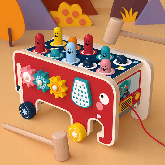 Montessori Toddlers Kids Wooden Pounding Bench Animal Bus Toys Early Educational Set Toy Musical Instrument