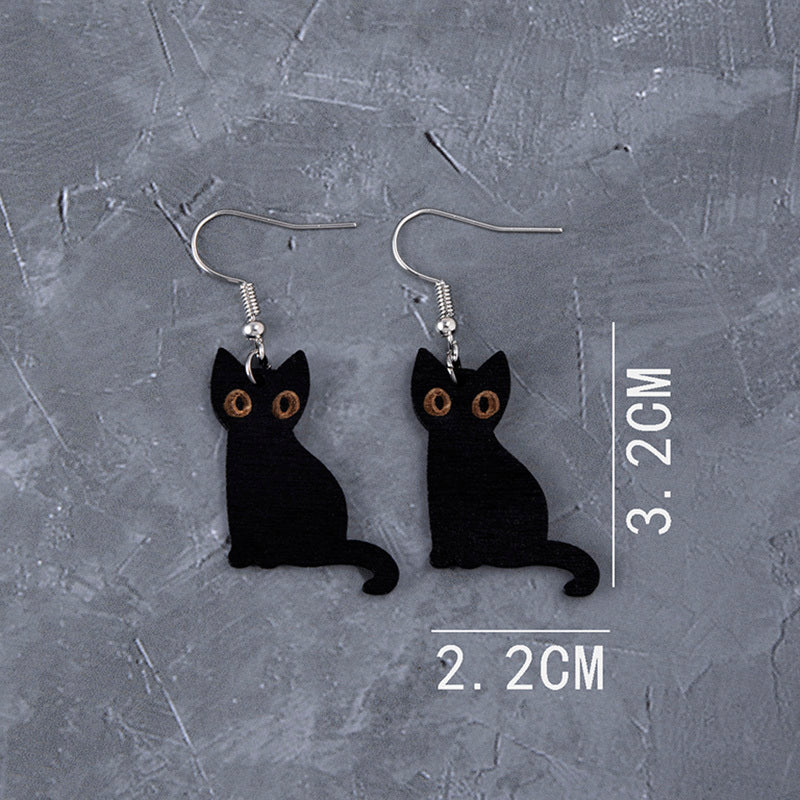 Wooden Black Skeleton Cat Drop Earrings