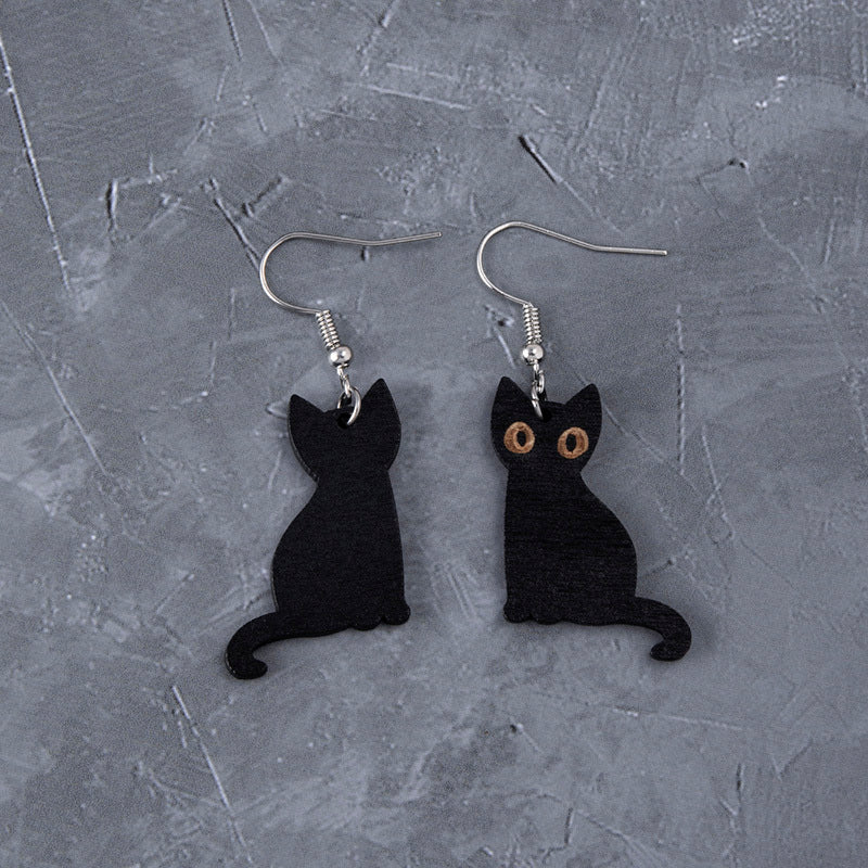 Wooden Black Skeleton Cat Drop Earrings