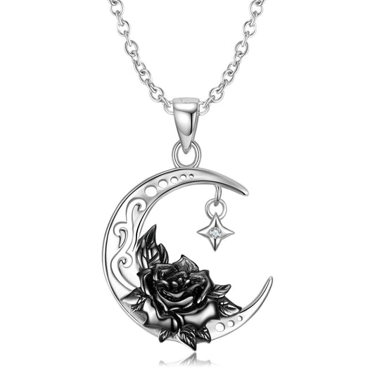 Black Water Lily And Crescent Necklace Original Niche Design
